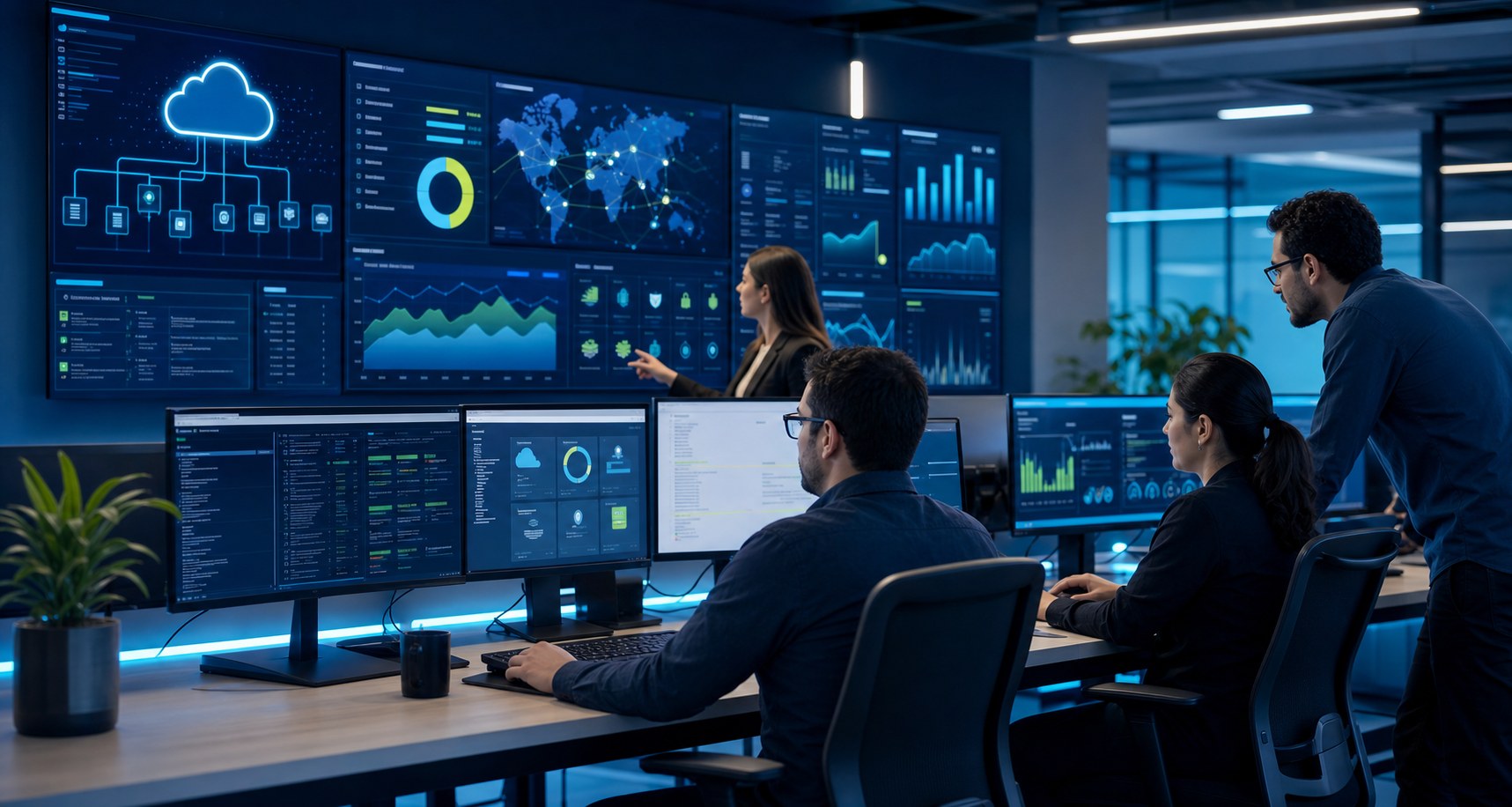 Equipo IT monitoreando dashboards de operación cloud